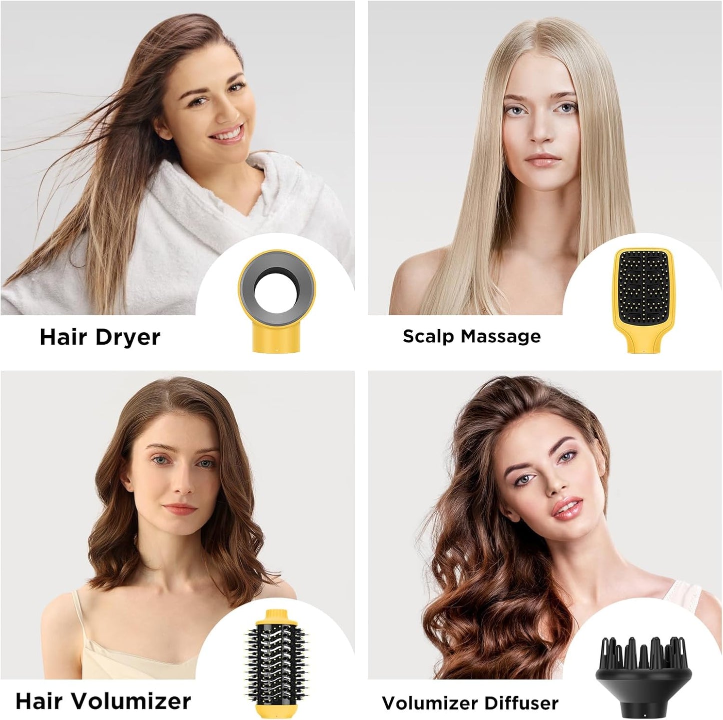 IG INGLAM Hair Dryer Brush, 4-in-1 Detachable Blow Dryer Brush, Ionic Diffuser Hair Dryer & Styler Volumizer with Oval Titanium Barrel, One-Step Hot Air Blowout Styler, Yellow
