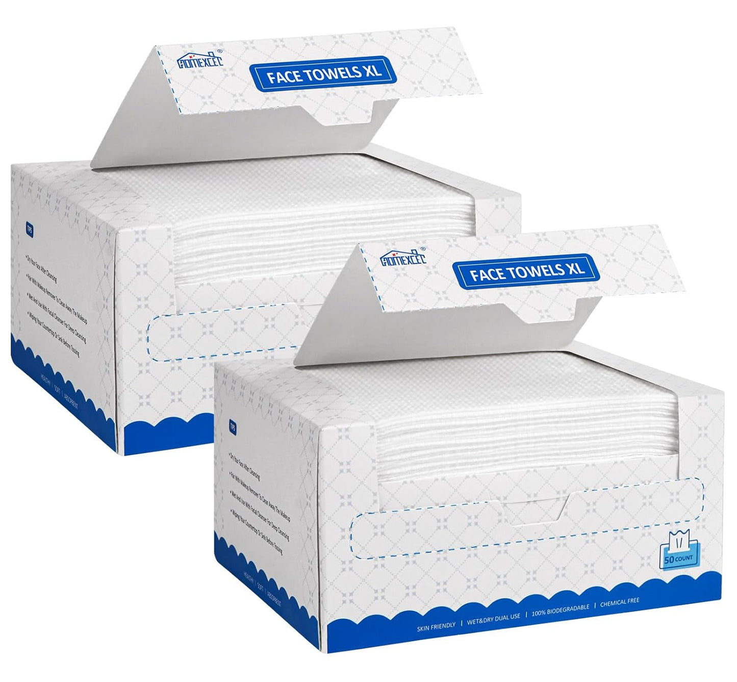 HOMEXCEL Face Towels 100 Count (2 Box), Disposable Makeup Remover Wipes, Super Soft Biodegradable Dry Facial Hand Clean Facial Towels Wash Cloth