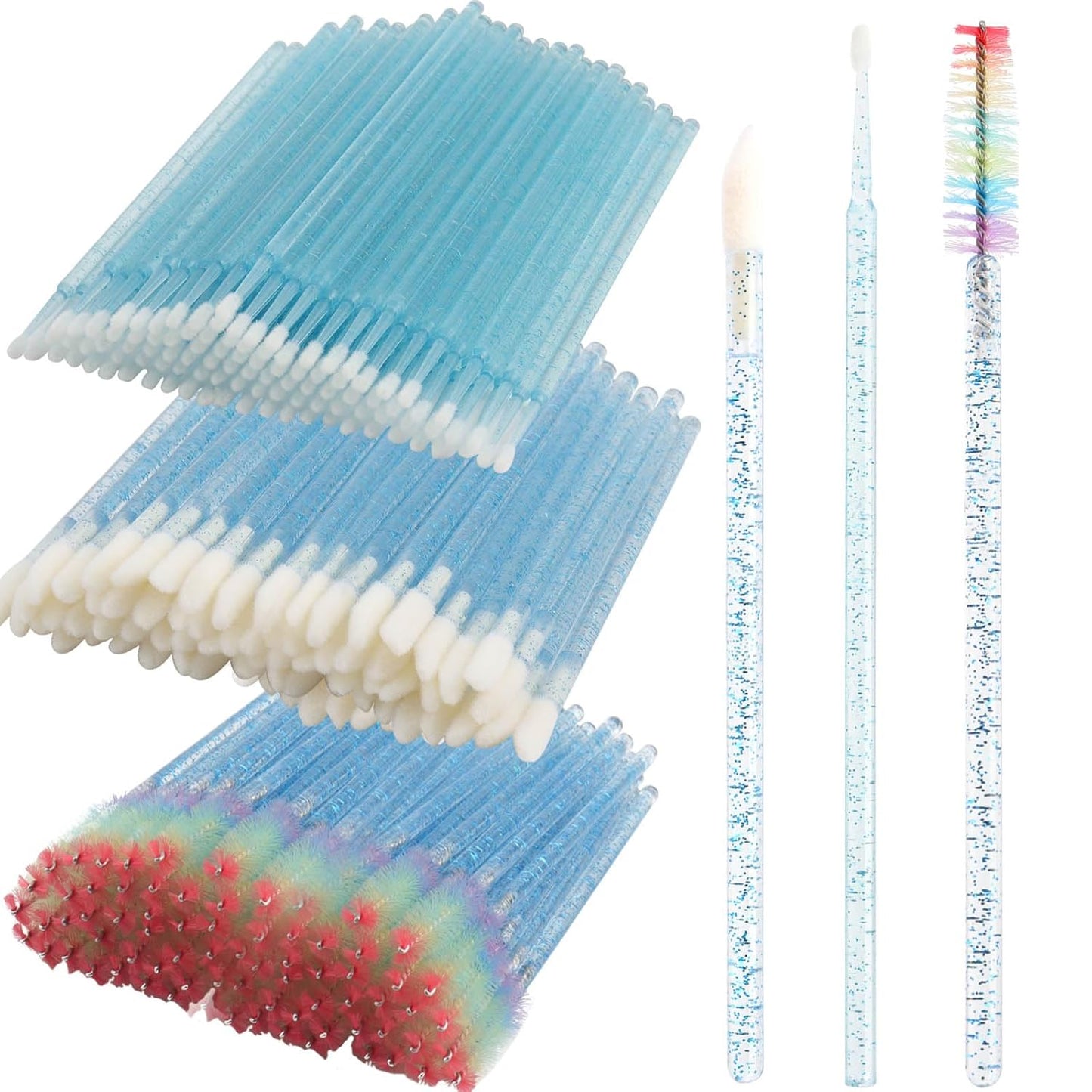 300 PCS Eyelash Extension Supplies Kit, Disposable Lash Spoolies Brushes Micro Swab Brushes Mascara Wand Lip Brushes for Eyelash Extension Tattoo Lipstick Applicator（Blue Rainbow）
