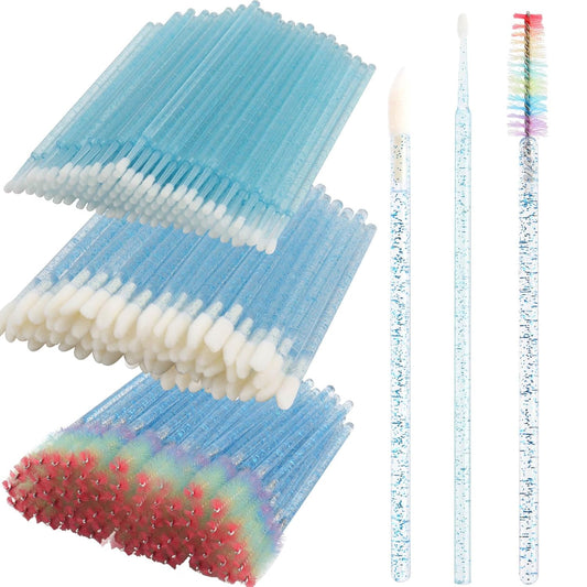 300 PCS Eyelash Extension Supplies Kit, Disposable Lash Spoolies Brushes Micro Swab Brushes Mascara Wand Lip Brushes for Eyelash Extension Tattoo Lipstick Applicator（Blue Rainbow）