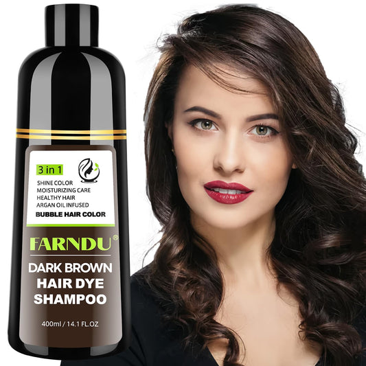 FARNDU Dark Brown Hair Dye Shampoo 3 in 1 with Argan Oil – 10-15 Min Gray Coverage, Natural Instant Hair Color Shampoo for Women and Men, Long-Lasting Up to 6 Months
