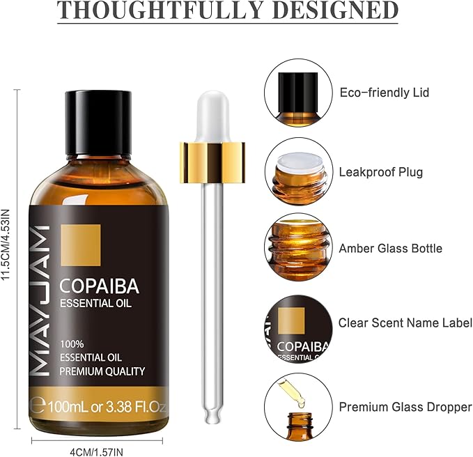 Copaiba Essential Oil, MAYJAM Pure Essential Oils for Diffusers, 3.38FL.OZ/100ML Large Volume Copaiba Oil with Premium Glass Dropper