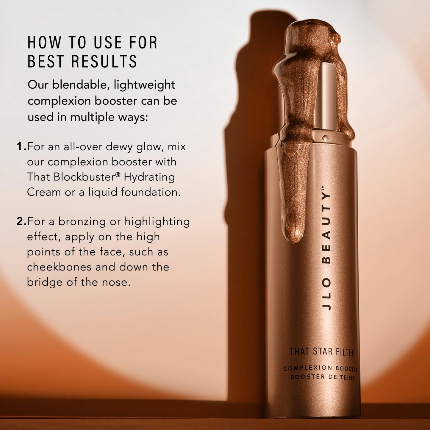 JLO BEAUTY Complexion Booster Highlighter & Bronzer for Face & Body, Lightweight Skin Care Makeup Primer with Vitamin E, Sheer Shimmer Skin Tint for a Dewy Glow, That Star Filter, Warm Bronze, 1 Fl Oz