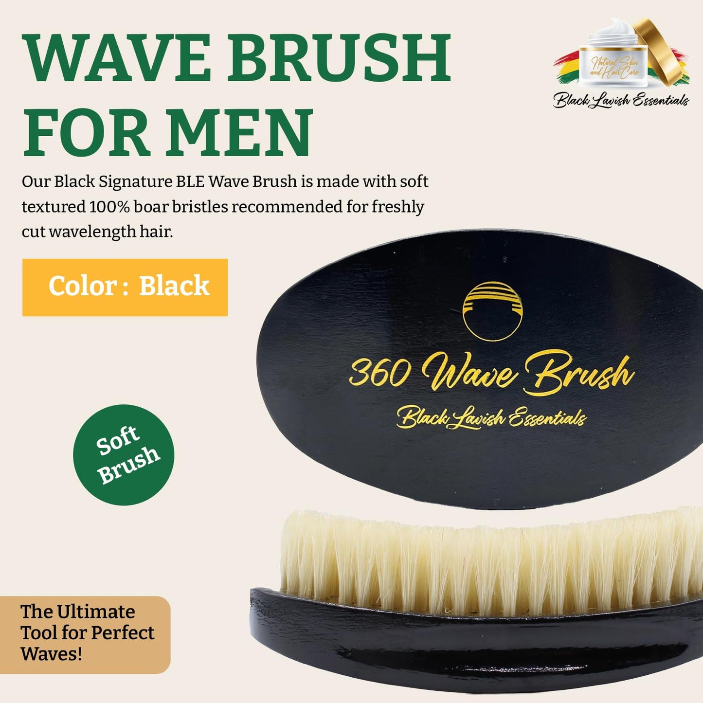 360 Wave Brush, Build Deeper Waves, Soft & Hard Boar Bristle Curved Brushes (Soft Brush, Black)