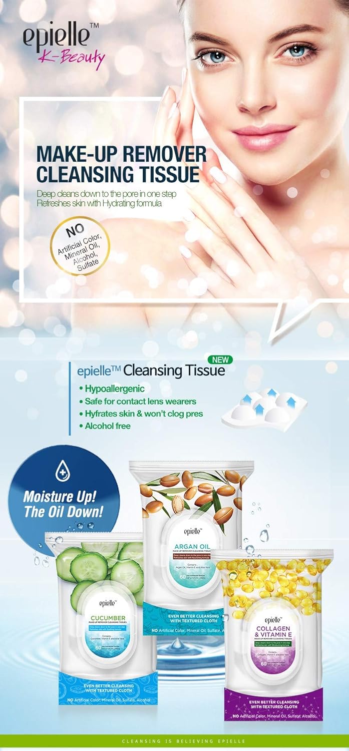 Epielle Green Tea Makeup Remover Wipes, Gentle Daily Facial Cleanser Towelettes, Remove Dirt, Oil & Waterproof Mascara, Hypoallergenic & Alcohol-Free, 60 Count (Pack of 2)