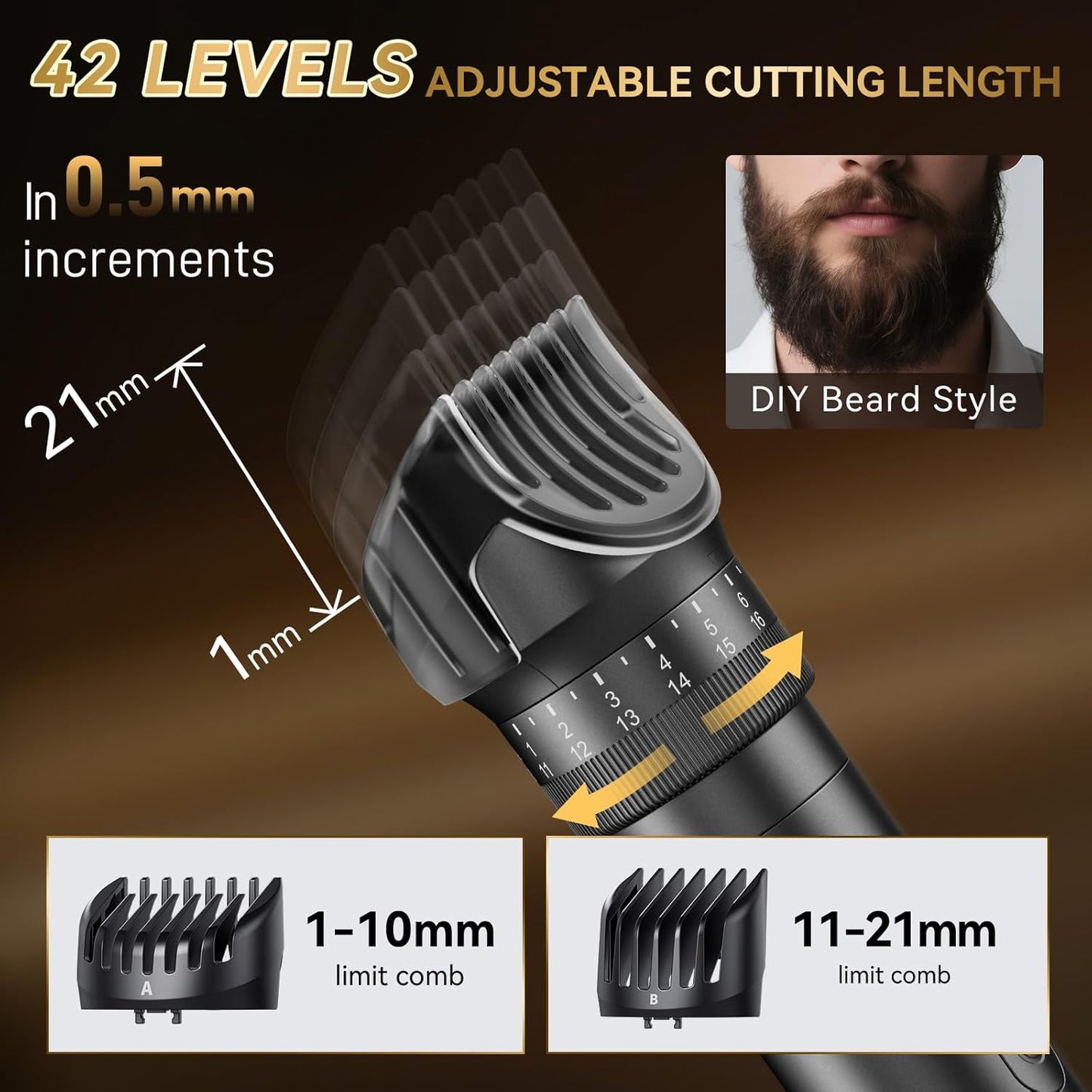 Beard Trimmer for Men - 42 Adjustable Length Settings Hair Clippers, Professional Body Hair Trimmer for Men Precision Facial Hair Trimming IPX6 Waterproof Nose Trimmers LED Display Mustache Trimmers