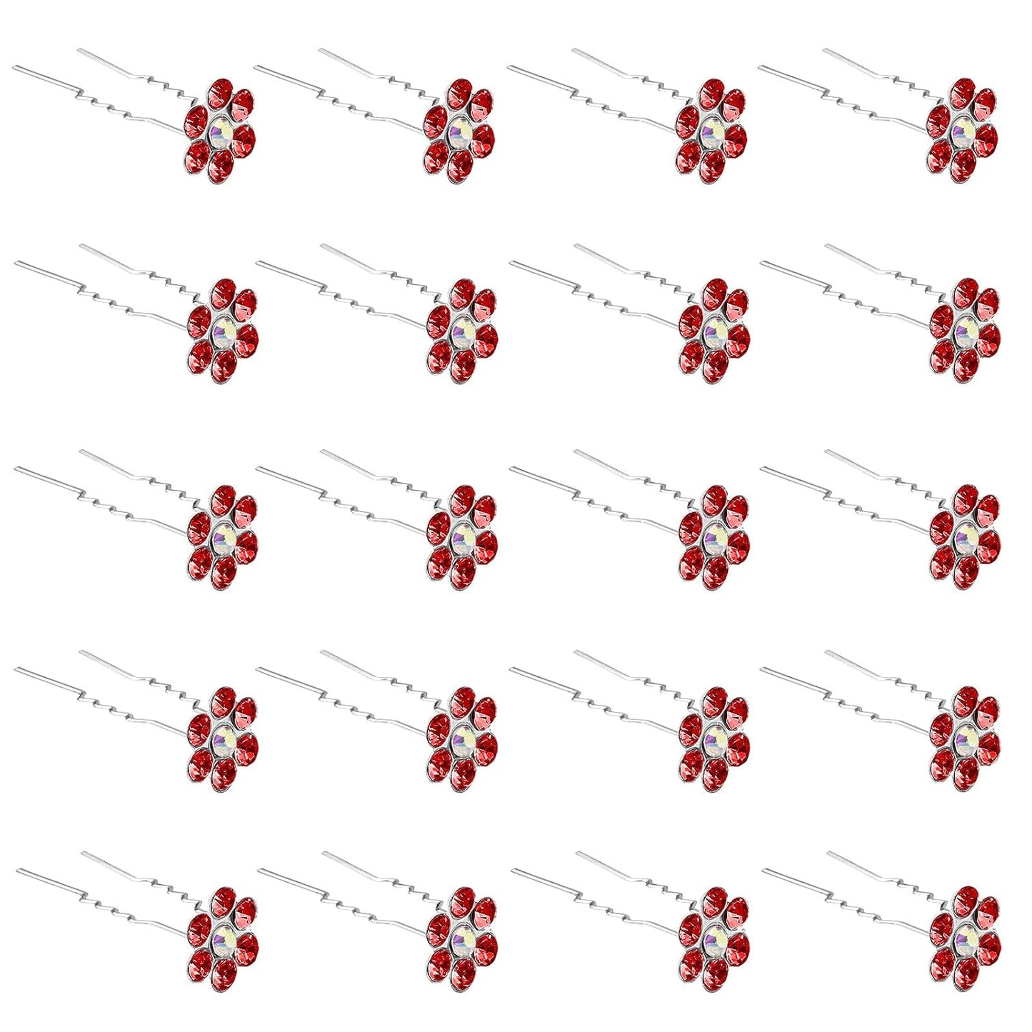 20 Pack (Red) Crystal Flower Hair Pins Rhinestone Hair Clips for Bridal Wedding Women Hair Jewelry Accessories, with Clear Container