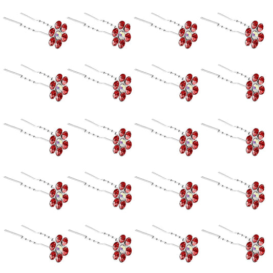 20 Pack (Red) Crystal Flower Hair Pins Rhinestone Hair Clips for Bridal Wedding Women Hair Jewelry Accessories, with Clear Container