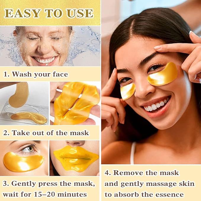 30 Pairs Lip Masks & Eye Masks, 24K Gold Gel Crystal Collagen Eye Patches for Puffy Eyes, Effectively Moisturizing & Reducing Fine Lines Dark Circle Eye, Treatments Under Eye Bags and Wrinkles