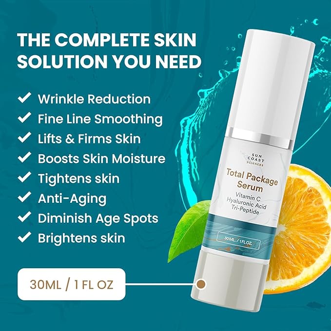 Sun Coast Sciences - Total Package Serum, All-In-One Vitamin C, Hyaluronic Acid, Peptides Serum For Face, Anti-Aging Facial Super Serum for Wrinkles, Age Spots - 1 fl oz (4)