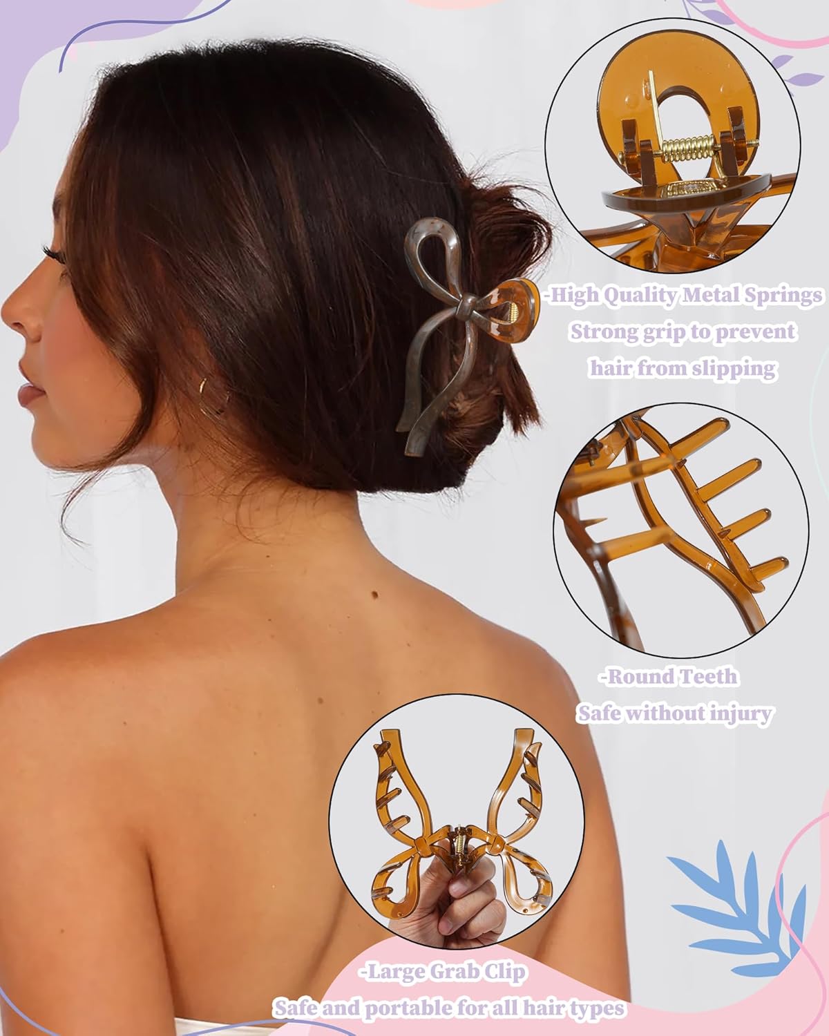 4 PCS Bow Hair Clips Bow Claw Clip for Women Nonslip Large Hair Claw Clips for Thin and Thick Hair Strong Hold Hair Bows (Light Brown+Light Pink+Khaki+Gray)