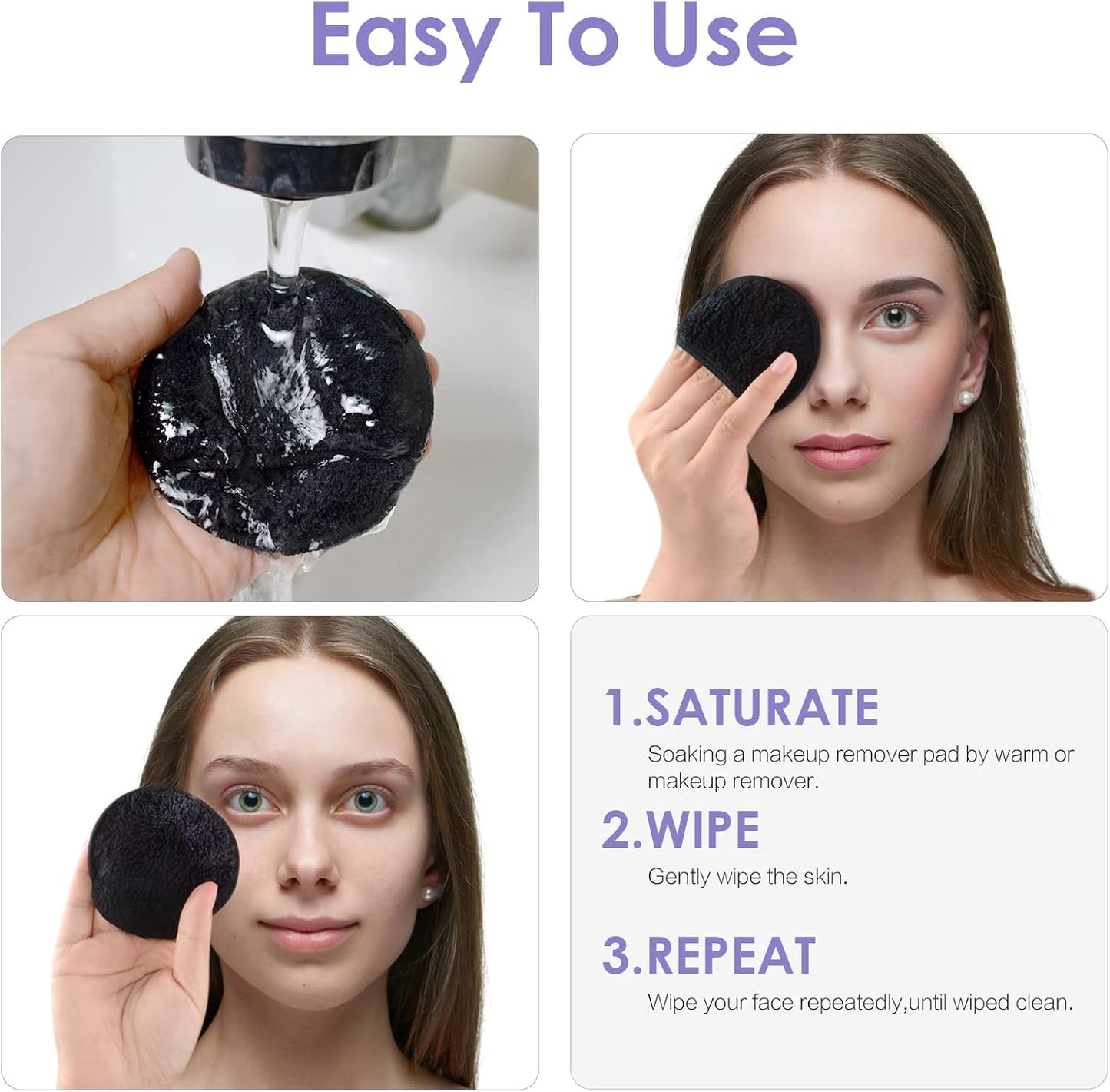 SUNLAND Reusable Makeup Remover Pads for Face,Eyes,Lips 16 Pack Microfiber Face Cleansing Gloves Washable with Laundry Bag and Travel Bag Rounds Toner Pads (Round 3.15inchx16, Black)