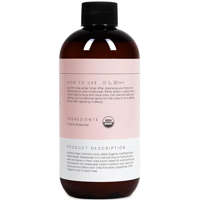 Rose Water Spray for Face & Hair (Refill Size) - Organic USDA Certified Rosewater Facial Toner - Alcohol-Free Makeup Setting Hydrating Face Mist - Anti-Aging Toner Spray - 8 Fl Oz