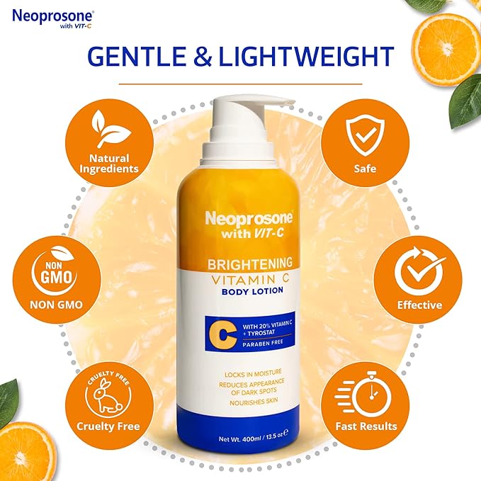 Neoprosone Brightening Body Lotion - 13.5 Fl Oz / 400ml - Formulated to Fade Dark Spots on Elbows, Knees, Neck, Body, and Intimate Parts, with Tyrostat, Shea Butter, Vitamin C, Vitamin E
