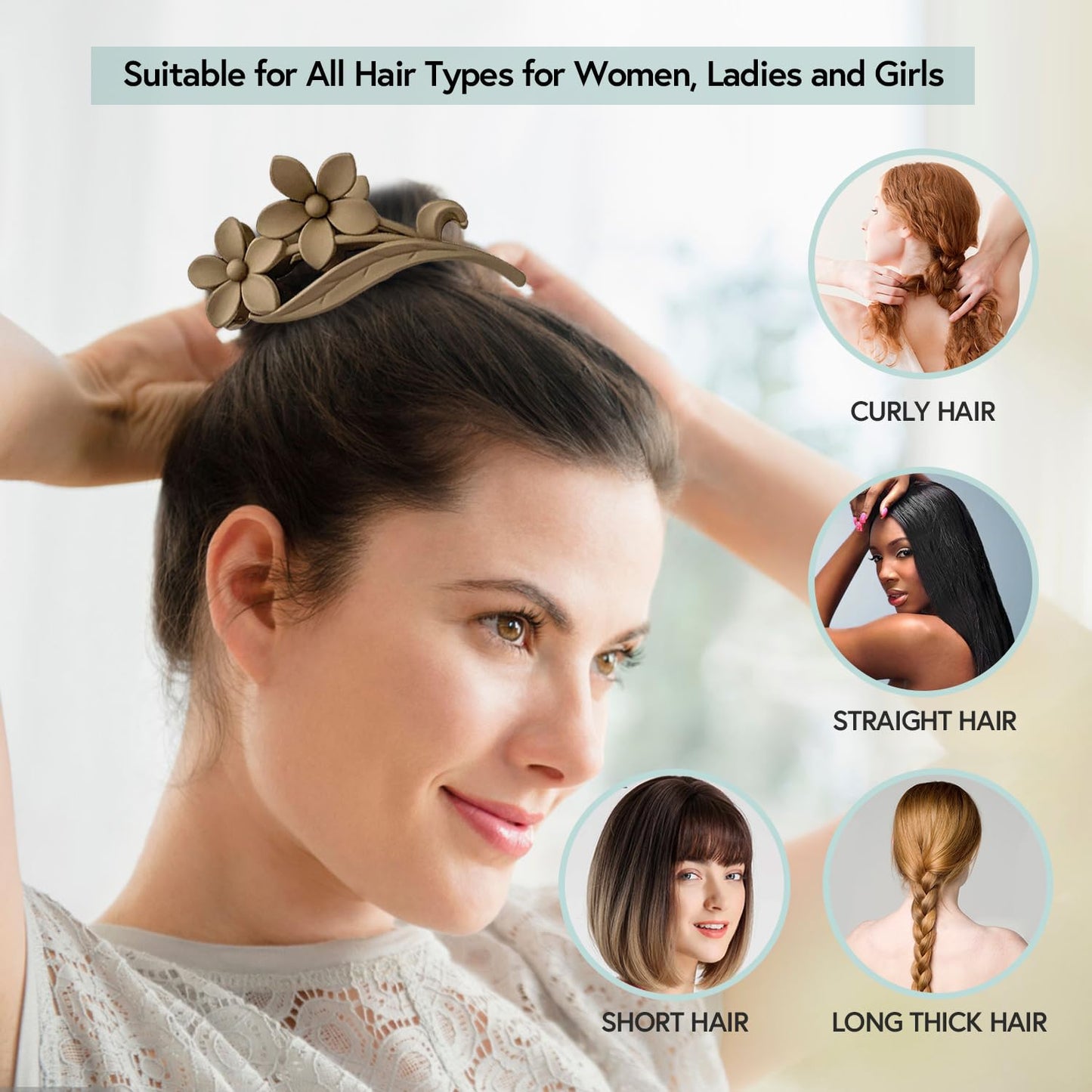 MARY LAVENDER Big Claw Clips Flower Shape for Women and Girls, Non Slip Strong Hold Hair Clips for Thick Hair, 4 Neutral Colors