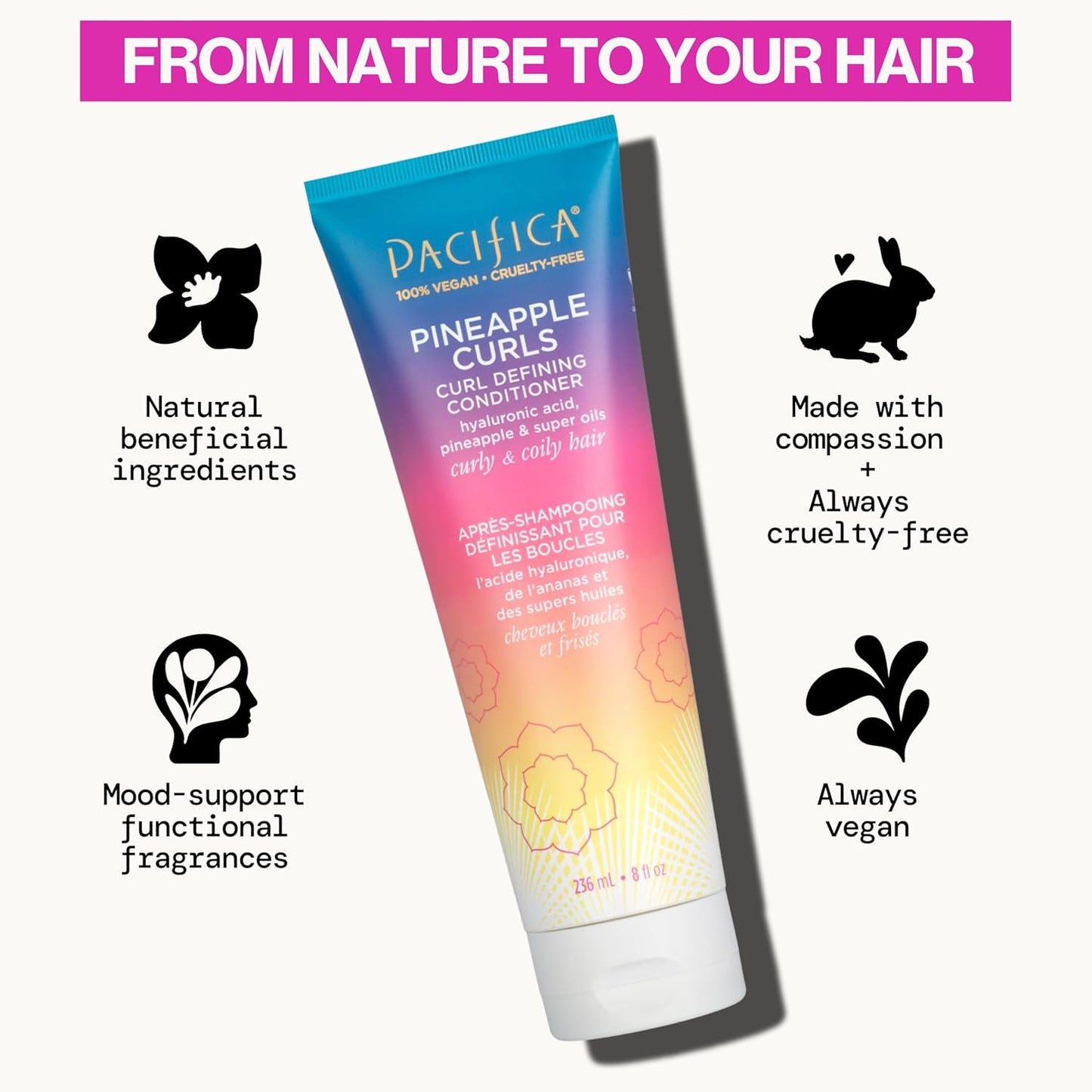 Pacifica Beauty, Pineapple Curls Defining Natural Conditioner, For Curly, Coily and Textured Hair Types, Pineapple Scent, Sulfate Free and Silicone Free, 100% Vegan and Cruelty Free