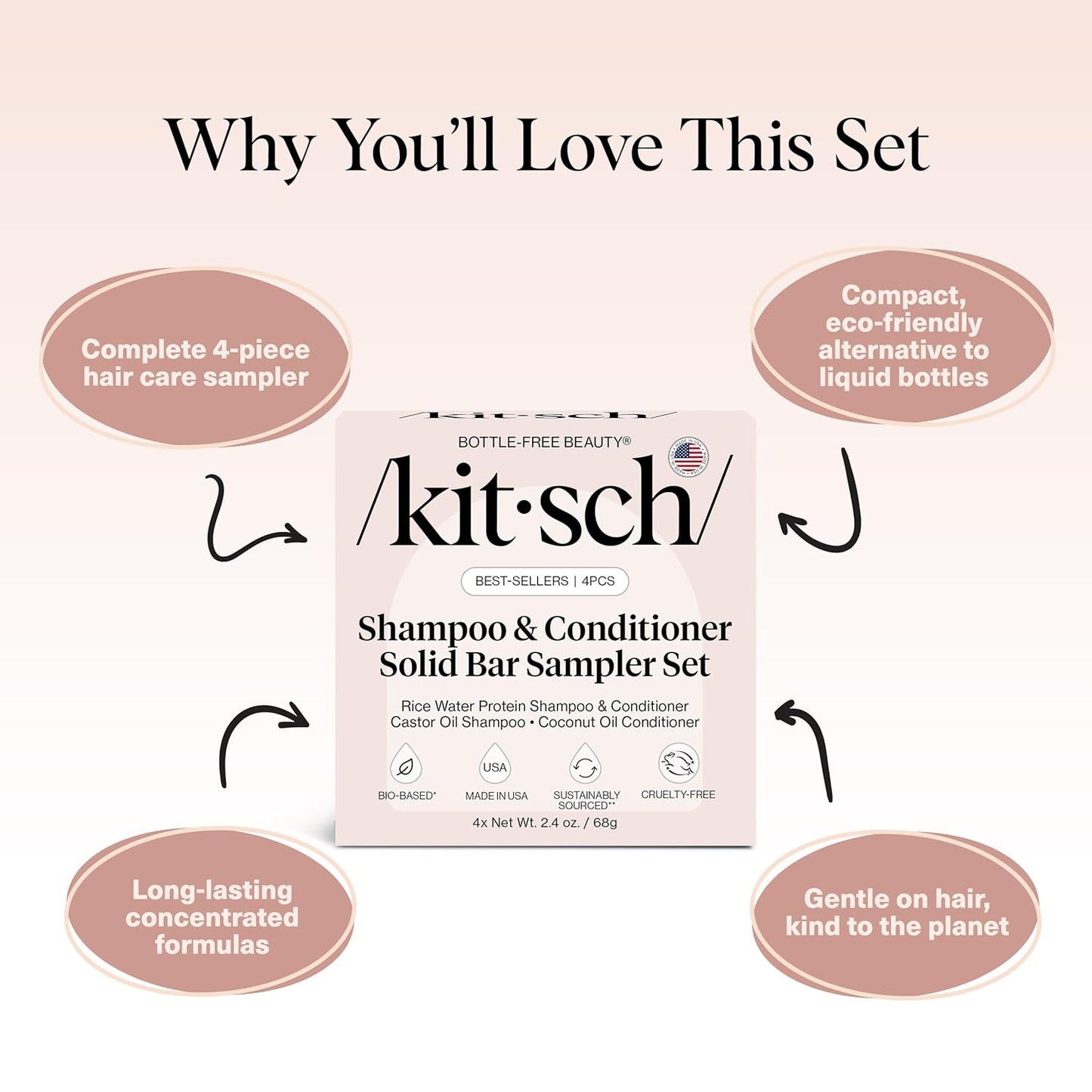 Kitsch Shampoo and Conditioner Set - 4pc Sampler Bars with Rice Water Shampoo and Conditioner, Castor Oil Shampoo & Coconut Oil Conditioner - Bottle-Free Beauty for Hair Growth, Repair & Moisture