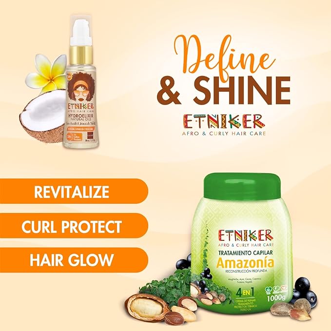 ETNIKER DEFINE & SHINE Bundle | Amazonia Deep Conditioning Hair Treatment & Hydroelixir Hair Oil | Hydrates, Repairs & Defines Curls | 13 Natural Oils, Cacay, Acai & Cupuaçu | Sulfate-Free Curly