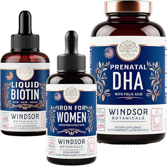 WINDSOR BOTANICALS Liquid Biotin, Liquid Iron with Folic Acid and Prenatal DHA - Wellness and Pregnancy Support Bundle