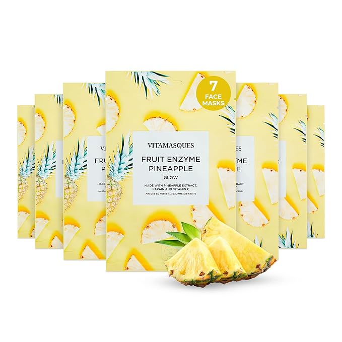 Vitamasques Pineapple Face Sheet Mask 7 Pack - Korean Skin Care Facial Mask Boost Skins Natural & Dewy Glow with Vitamin C, Hyaluronic Acid, and Pineapple Extracts