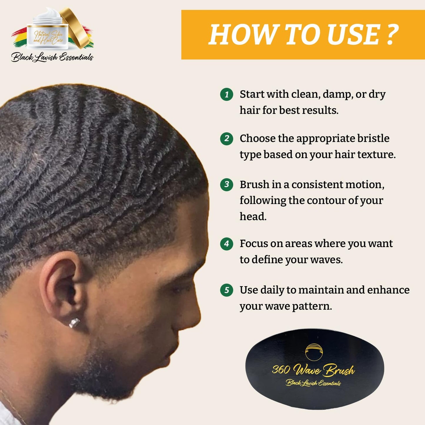 360 Wave Brush, Build Deeper Waves, Soft & Hard Boar Bristle Curved Brushes (Soft Brush, Black)