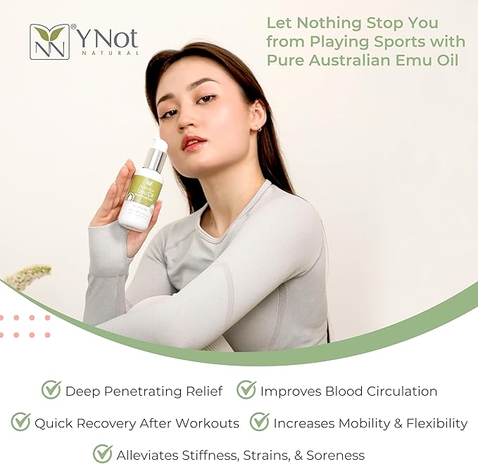 Sports Oil Muscle Rub with Pure Emu Oil, Omega 3 6 9, Tea Tree, Vitamin E, & Essential Oils - 100mL Deep Heat Rub for Joint, Back, Muscle Stiffness, Cramps & More by Y-Not Natural