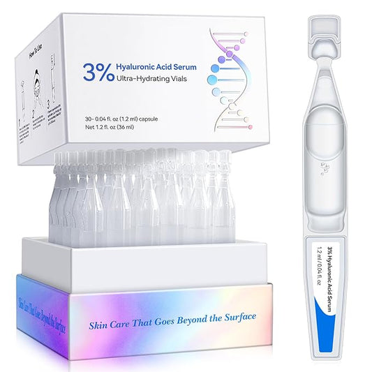 3% Hyaluronic Acid Serum, Ultra Hydrating Serum for face, Hyaluronic Acid Tubes | Pre-makeup SkinCare | Single-Use Hydrating Vials Skincare for Dry & Sensitive skin, 30 Count