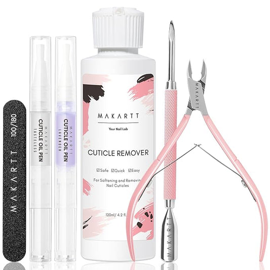 Makartt Cuticle Remover Kit, Nail Care Kit with Cuticle Oil Pen, Cuticle Trimmer, Nail File & 120ml Cuticle Remover Liquid, Nail Manicure Kit for Cuticle Softener & Moisturize