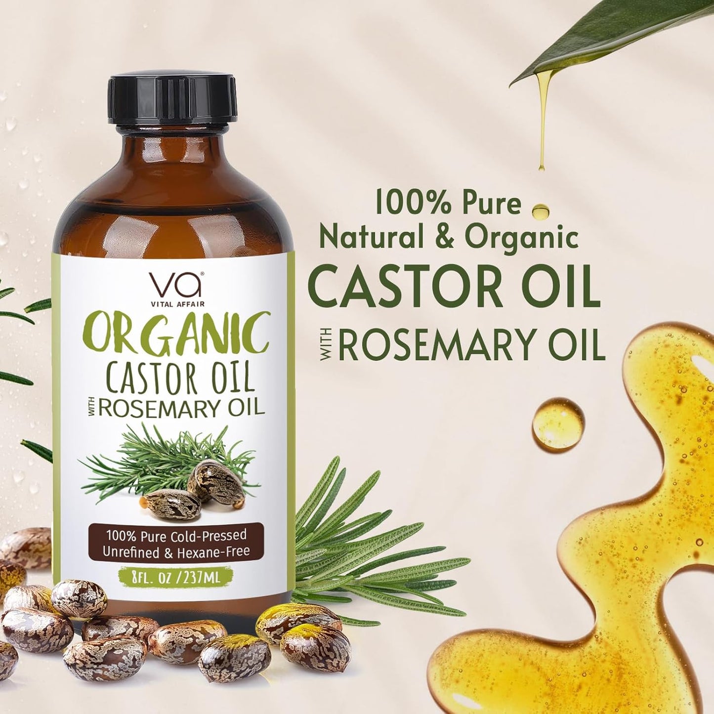 VITAL AFFAIR Organic Castor Oil With Rosemary Oil For Hair Growth - 100% Pure Rosemary Hair Oil With Pure Castor Oil Cold Pressed Unrefined Glass Bottle - Strengthening & Volumizing 8 Fl Oz
