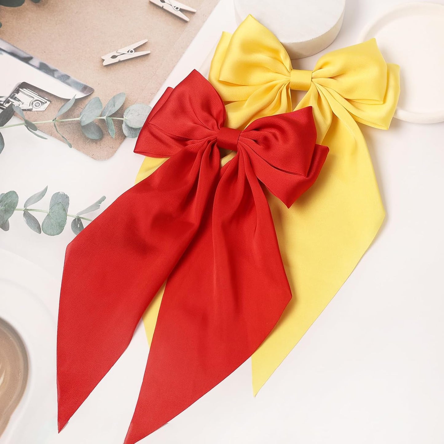 Furling Pompoms Hair Bow Clips, 3pcs Big Bows for Girls with Metal Clip Long Tail, Hair Barrettes Ribbon Women Hair Accessories in Black, Red, Yellow