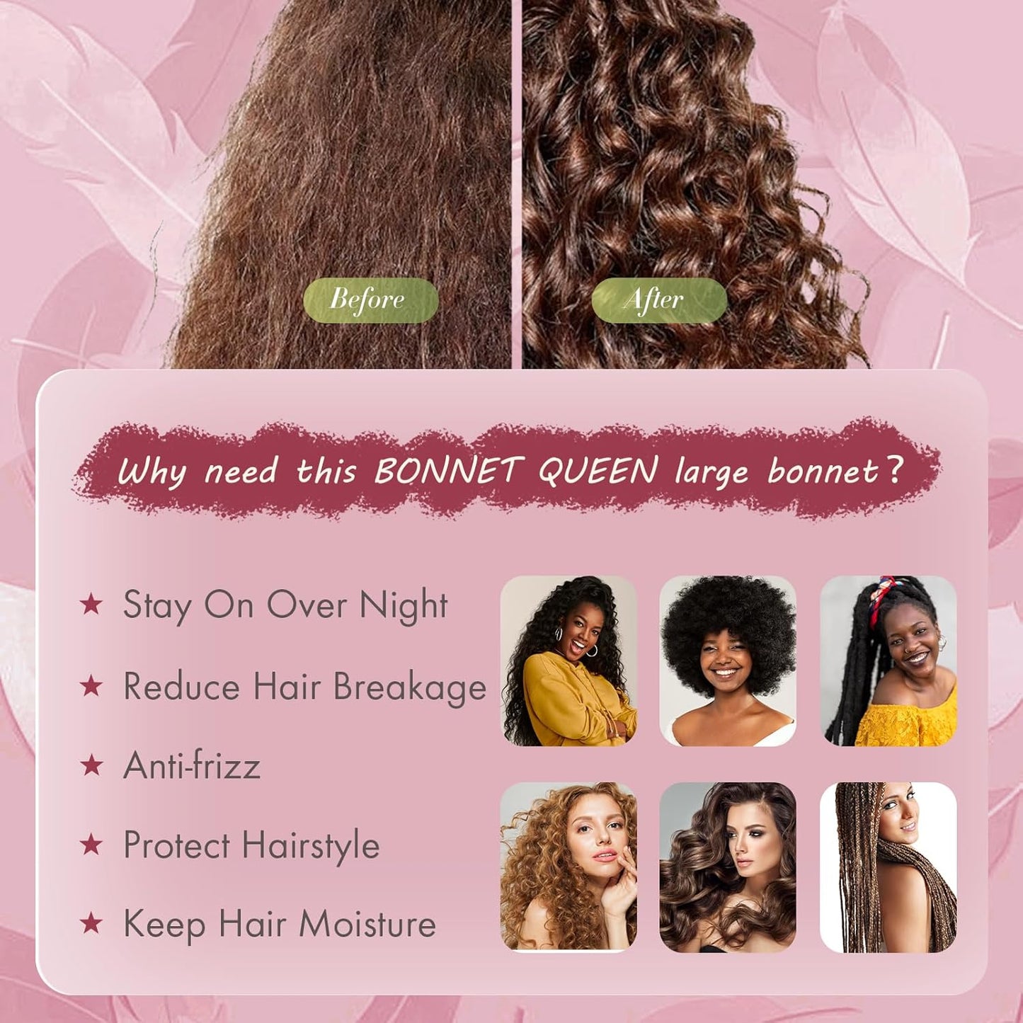 BONNET QUEEN Silk Bonnet for Sleeping Women Big Satin Bonnet Night Sleep Cap Wrap for Curly Hair with Adjustable Tie Band, Single Layer, Large, Burgundy