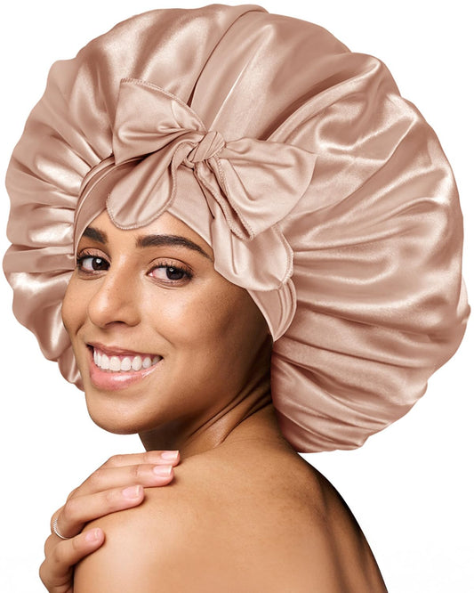 BONNET QUEEN Satin Bonnet Cool Breathable Single Layer Silk Bonnet for Sleeping Women Hair Bonnet Night Sleep Cap Scarf Wrap for Curly Hair with Tie Band Champagne