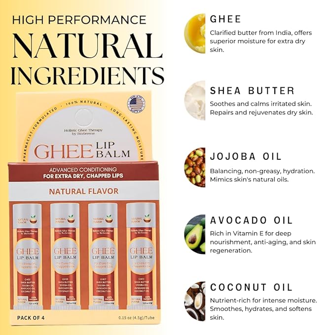 All Natural Lip Balm For Very Dry Lips | Hydrating & Moisturizing Lip Balm with Shea Butter, Ghee, Jojoba Oil, Coconut Oil | Chapped Lips & After Sun Care | BioSerene (4.5 gms/tube, Natural)