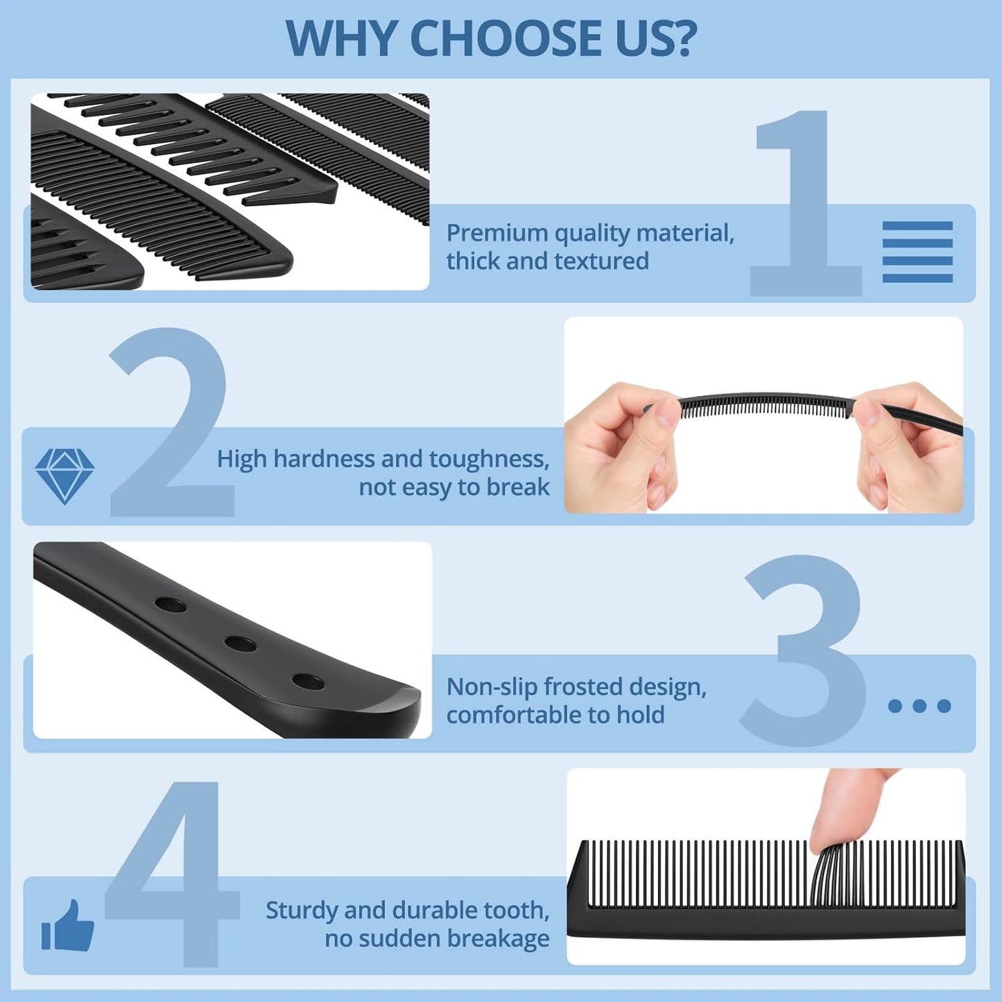 6 PCS Hair Comb Set Black, Durable Wide and Fine Tooth Rat Tail Hair Barber Comb for Women & Man, Professional Combs for Wet Curly Natural Hair Detangling Parting Teasing Styling & Cutting