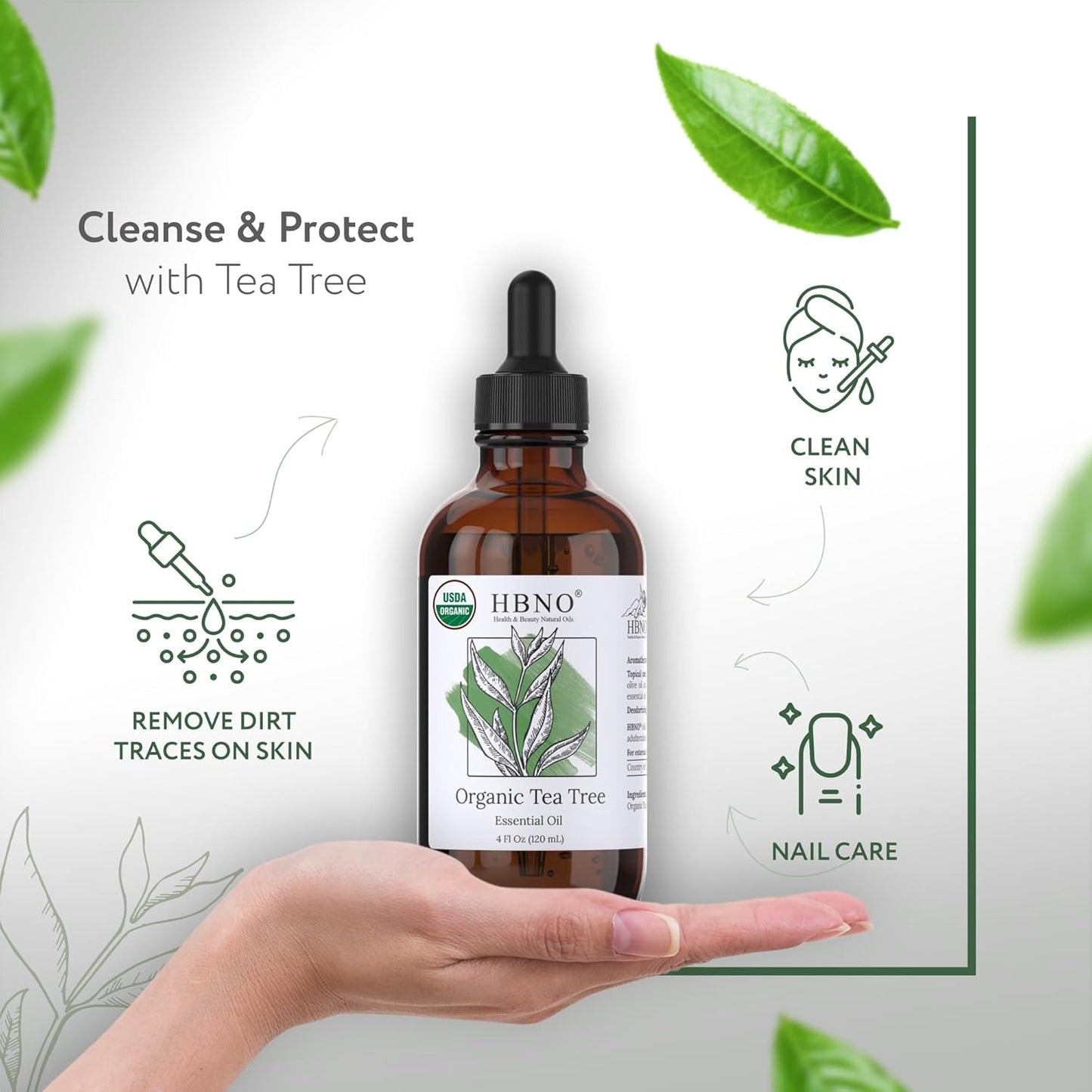 HBNO California Bottled Organic Tea Tree Oil for Skin & Hair - 4 fl oz (120ml) - USDA Certified Organic Tea Tree Oil for Aromatherapy