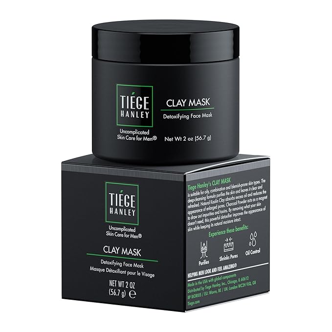 Tiege Hanley Mens Detoxifying Facial Clay Mask, 2 Oz (1-Pack) - Deep Pore Cleansing Charcoal Face Mask with Natural Kaolin Clay Absorbs Excess Oil & Reduces Appearance Pores - Skin Care for Men