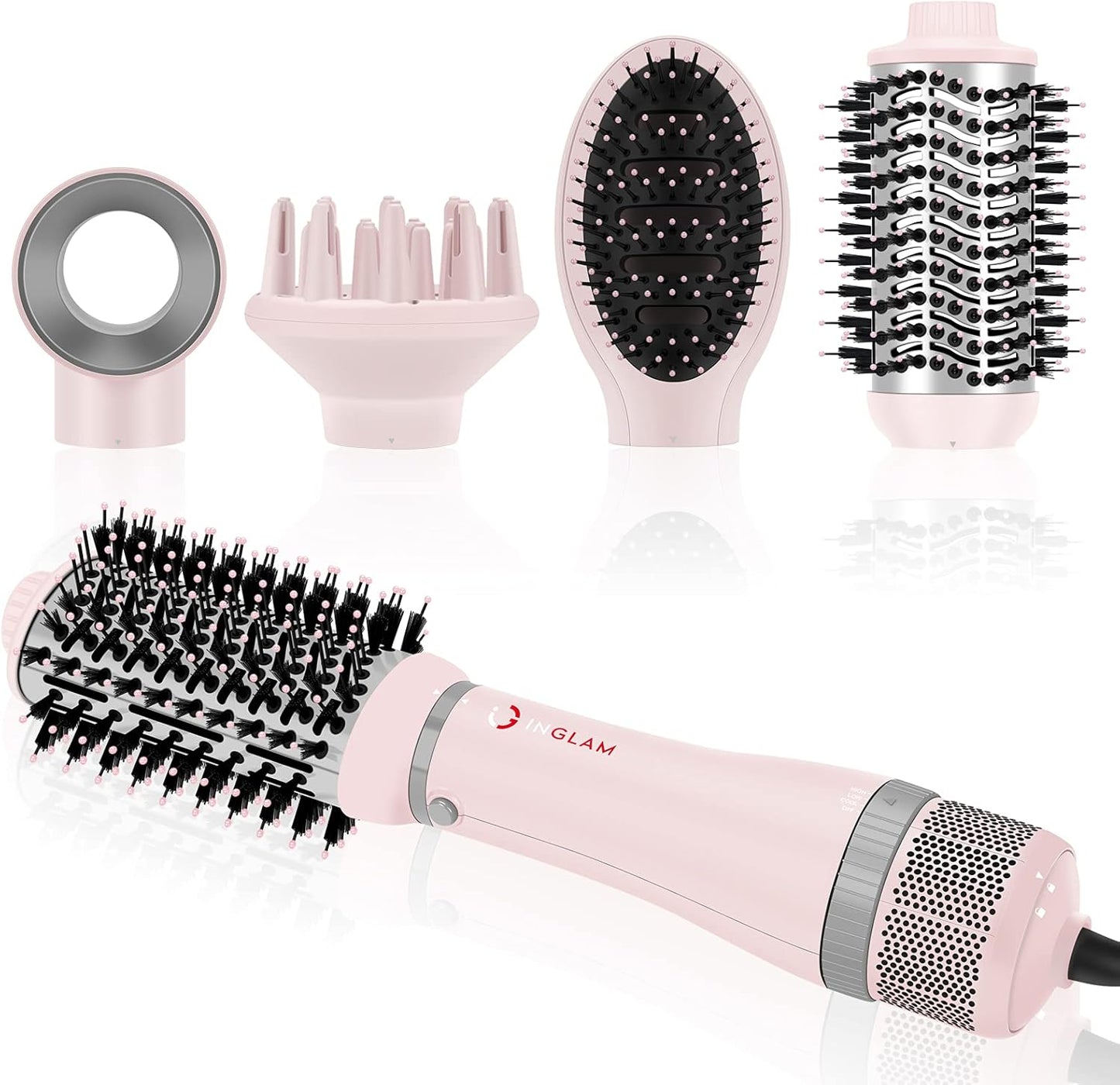 IG INGLAM 4 in 1 Blowout Hair Dryer Brush Set - Negative Ion Detachable Hair Dryer, Volumizer Styler with 2 Brush Heads, Pink