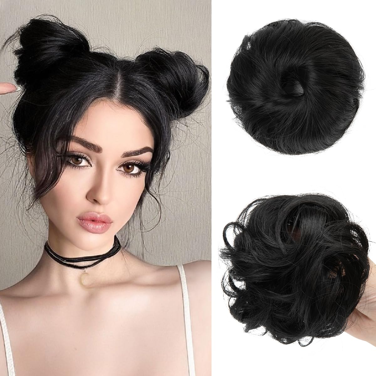 CJL HAIR 2PCs Small Cute Messy Bun Hair Piece for Thin Hair Women Mini Synthetic Curly Bun Scrunchies Updo Hairpieces Black