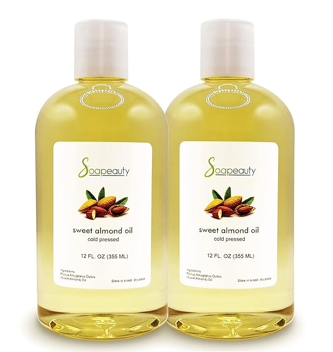 Soapeauty Sweet Almond Oil Cold Pressed Refined | 100% Pure Sweet Almond Oil Available in Bulk | Carrier for Essential Oils, Almond Oil for Skin, Face, and Hair, Soap Making | 24 fl oz (2 * 12 fl oz)