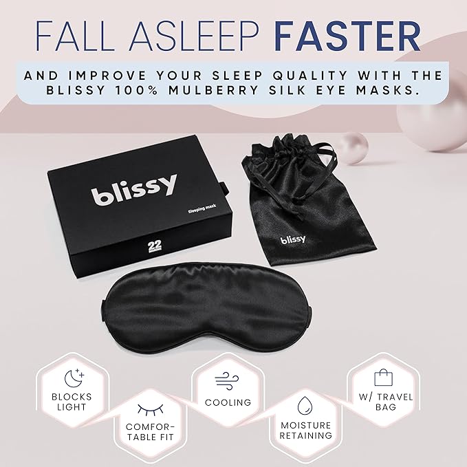 Blissy Silk Sleep Mask - Silk Eye Sleeping Mask for Women & Men for Total Blackout - Silk Eye Mask - 100% Pure Mulberry Silk, 22 Momme 6a Fibers - Blindfold Silk Sleep Mask Side Sleeper Eye Cover