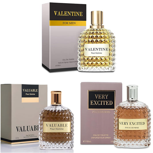 3Pack Men Colognes Combo Set Valent,Valuable,Very Excited 3.4 Fl Oz Each Eau De Parfume Spray with Woody Floral & Fruity Scent Perfume Gift Set Day to Night Use Fragrances