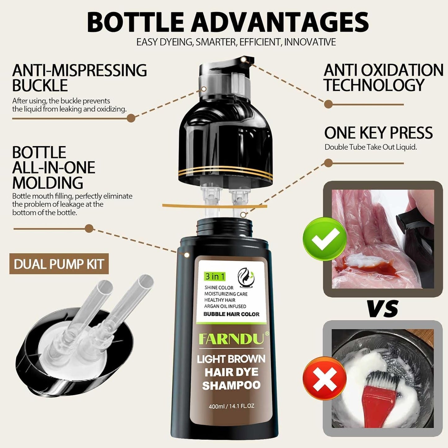 Light Brown Hair Dye Shampoo, 3 in 1 Instant Hair Color with 15 Min Gray Coverage, Natural Semi-Permanent Herbal Shampoo for Men & Women