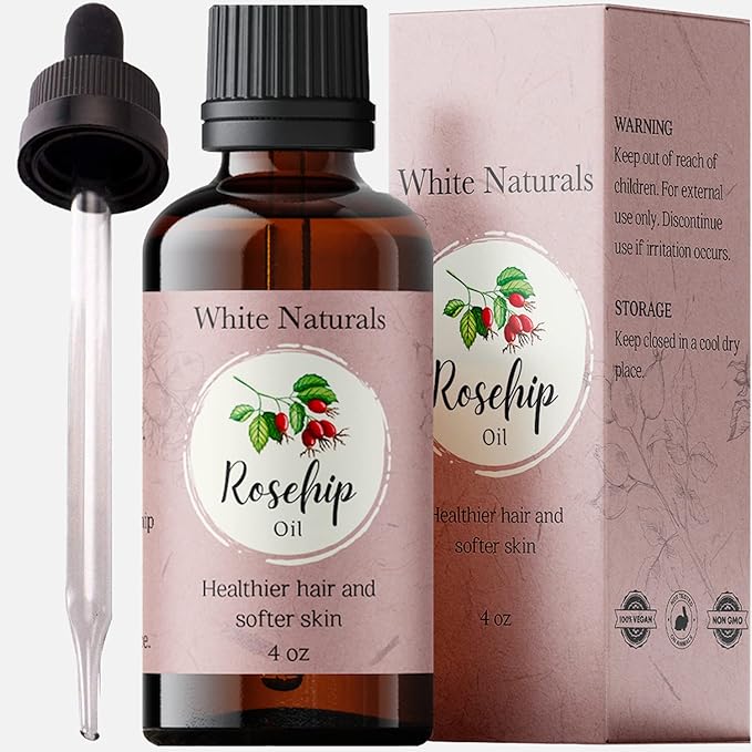 White Naturals Organic Rosehip Seed Oil Cold Pressed, Unrefined 100% Pure Rose Hip Carrier Oil, Natural Moisturizer For Body Face Hair Skin Massage & Nails, Facial Serum Anti-Aging Treatment 4 oz