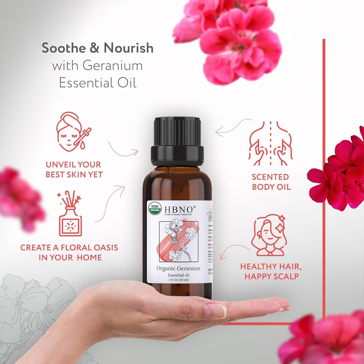 HBNO Organic Geranium Essential Oil - 1 oz (30ml) - USDA Certified Organic Geranium Essential Oil for Aromatherapy, Soap Making, DIY, Fragrances, Diffuser.