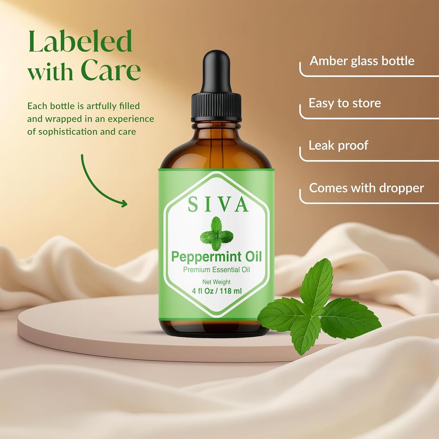 Siva Peppermint Essential Oil - 4 Fl Oz – 100% Natural Peppermint Oil - for Diffuser, Face, Skin Care, Aromatherapy, Hair Care, Scalp and Body Massage - with Dropper