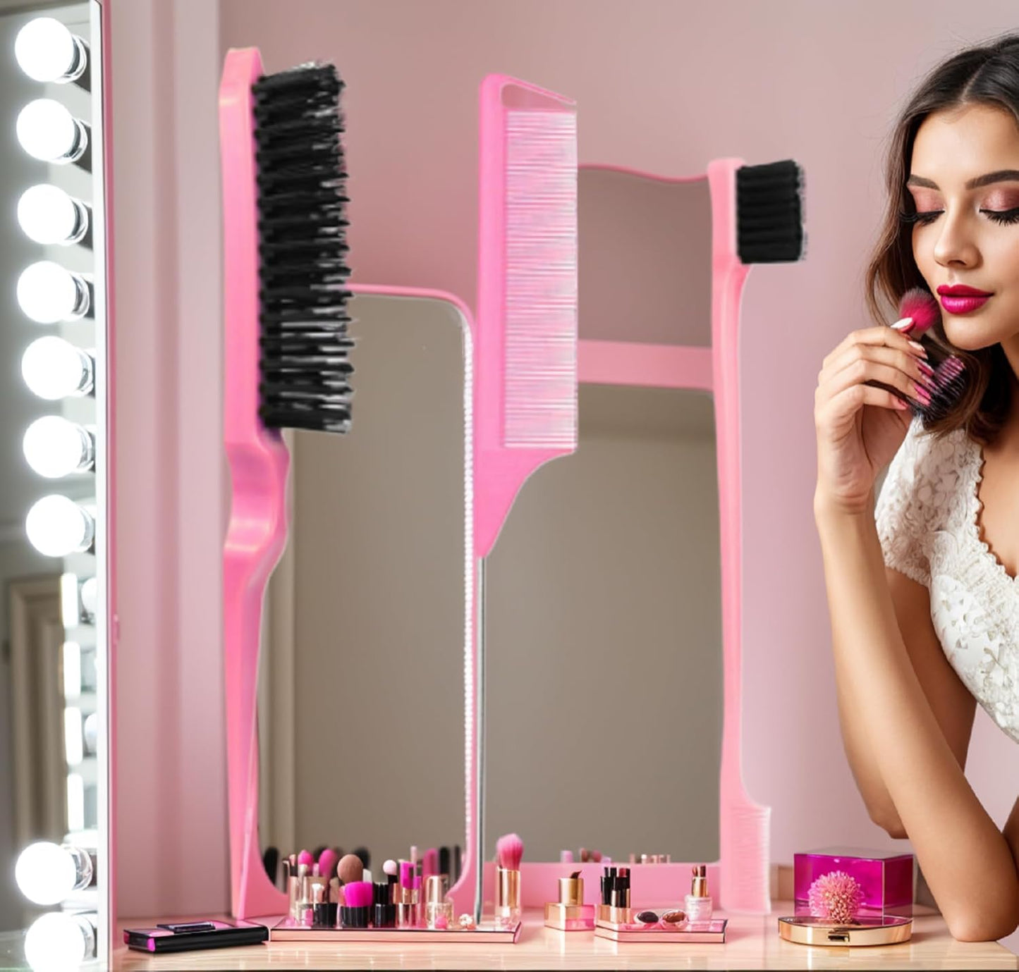 Pink Comb Set 3 piece, Slick Back Brush with Edge Brush, styling comb for kids for middle part，Rat Tail Comb, Teasing Brush Set for Smoothing brush Baby Hair