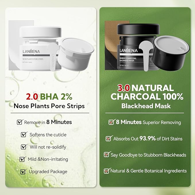 LANBENA 2 PCS Pore Strips, 2% BHA(Salicylic Acid) Nose Pore Strips 2.0 + Bamboo Charcoal Blackheads Remover Peel off Mask 3.0, Plants Pore Cleanser Purifying, added Amazonian White Clay, Oil Control