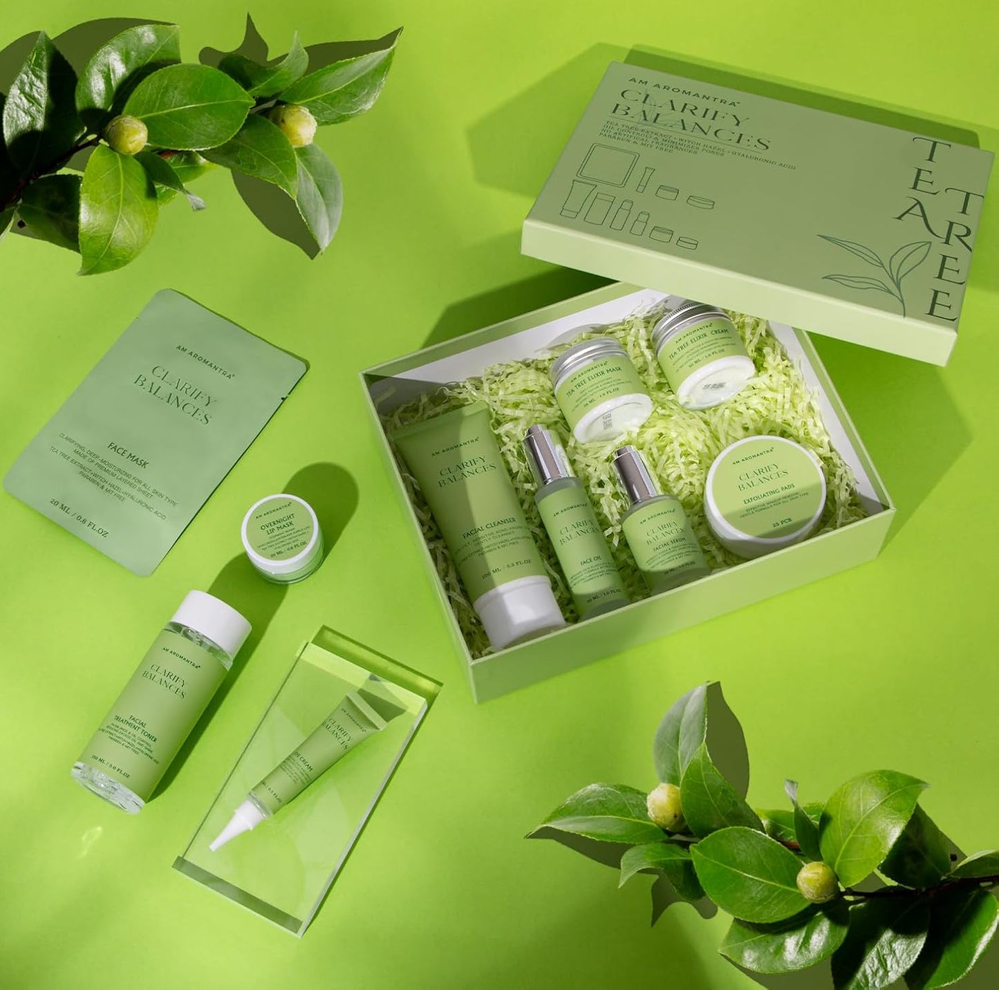 Tea Tree & Witch Hazel Extracts Skin Care Set with Hyaluronic Acid - Deep Cleanse, Balance Oils, Hydrating & Soothing Face Serum, Toner & Moisturizer - 10-Piece Kit Suitable for All Skin Types