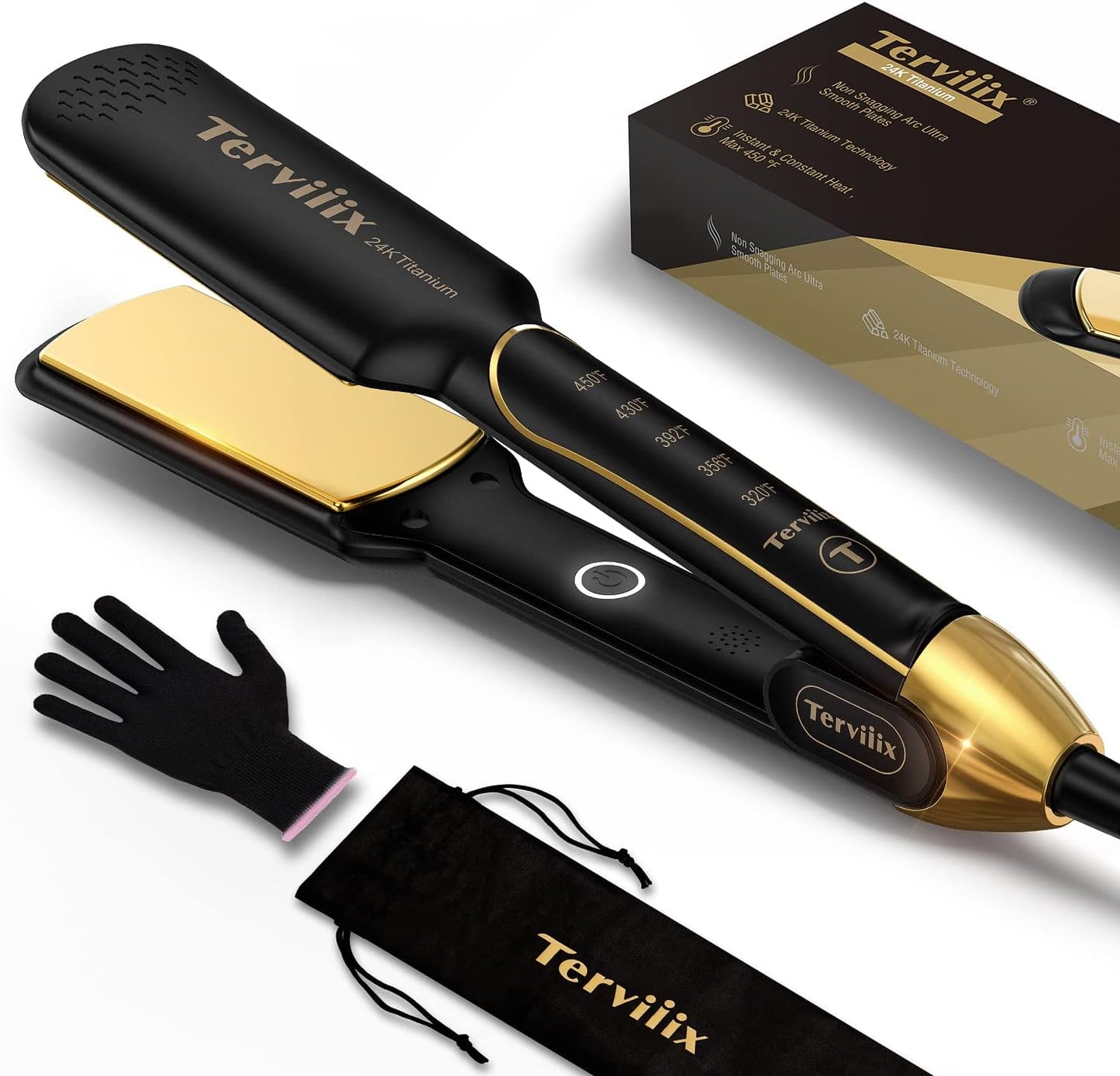 Terviiix Titanium Flat Iron Hair Straightener - ARC Non-Snagging for Smooth, One-Swipe Results, Salon-Grade Wide 1-3/4 Inch Straightening Iron Saves Time on Thick, Curly, Black & Natural Hair, Gold