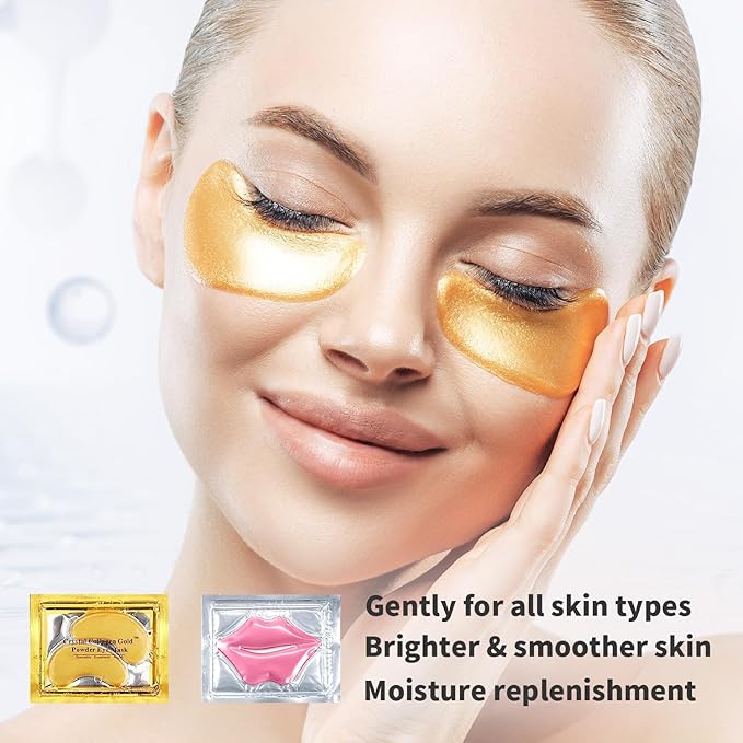 30 PCS Lip Mask Eye Mask Set Moisturizing Lip Mask for Dry Lips, 24K Gold Eye Patches for Puffy Eyes and Dark Circles